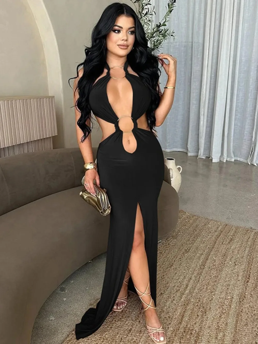 Sexy Cut-Out O-Rings Metal Ruched Maxi Dress Holiday Outfits Womens Lace-Up Bandage Party Dresses Night Out Vestidos