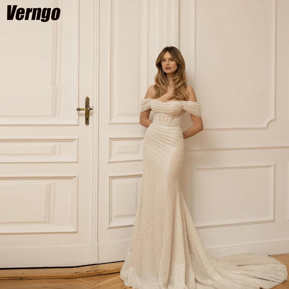 

Verngo Elegant Mermaid Glitter Wedding Dresses Strapless Off Shoulder Bridal Gown Sleeveless Women Bridal Dress Vestido De Novia