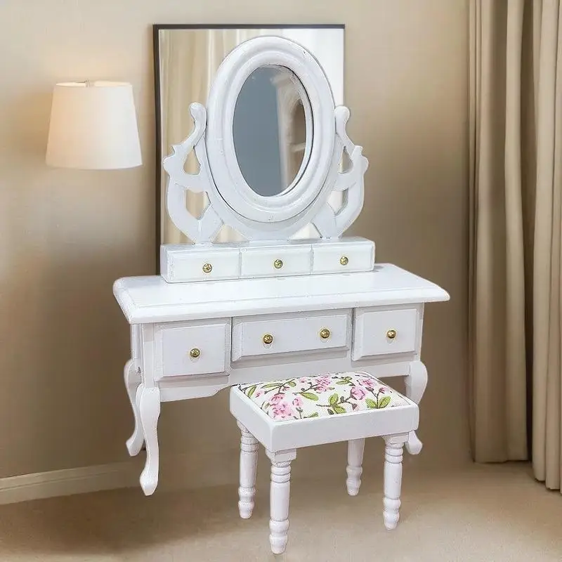 1 ensemble 1:12 maison de poupée meubles miniatures maison de poupée chambre coiffeuse avec miroir bureau et tabouret jouet cadeaux pour les filles