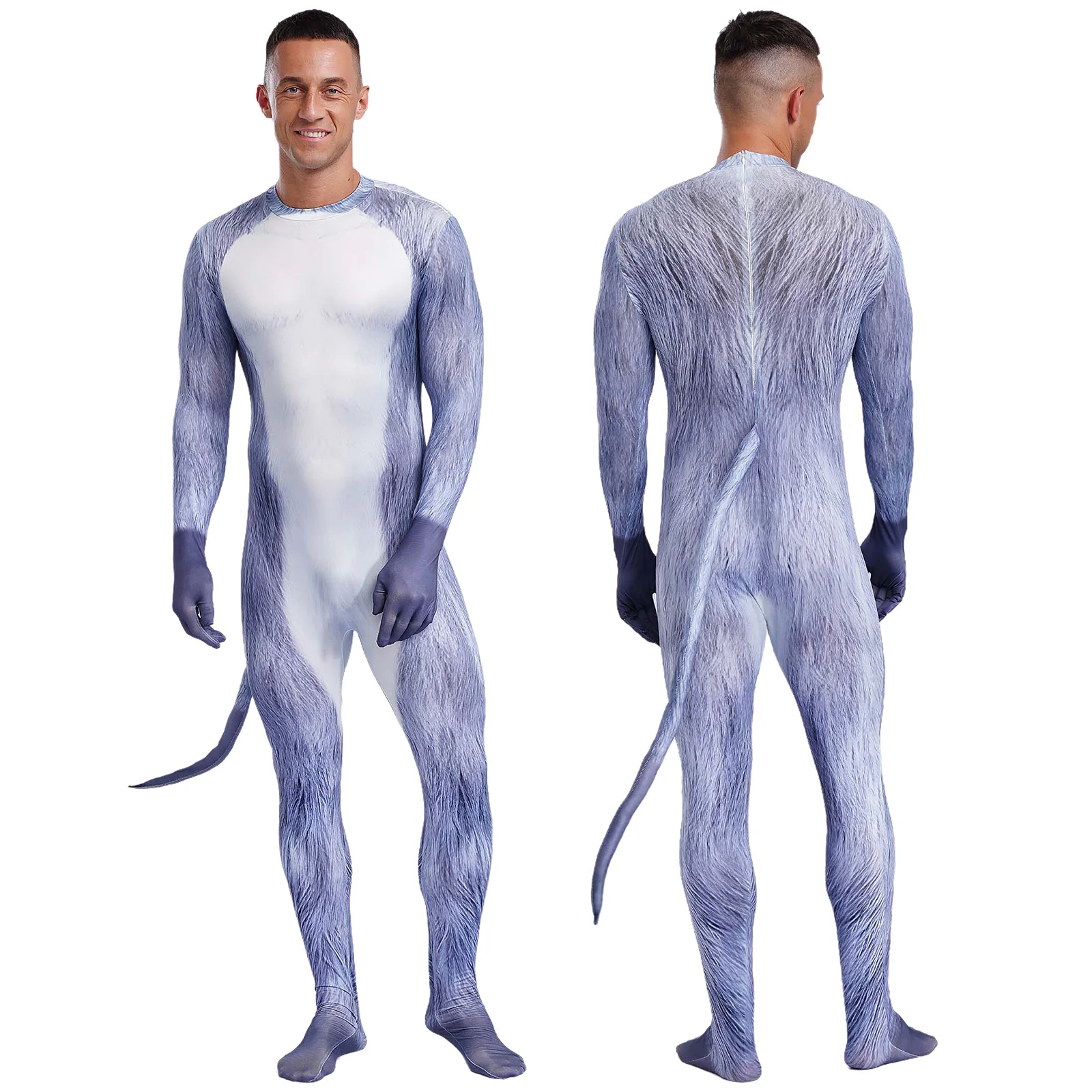 Adult Mens Wild Animal Cosplay Costume Full Cover Beast Zentai Petsuit Jumpsuit Bodysuit Tail Halloween Costume 3D Print Style.