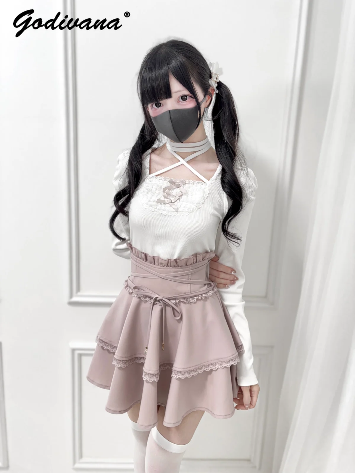 Nieuwe Lente en Herfst Subcultuur Cross Halter Gebreide Top Meisje vrouwen Zoete Boog Lolita Lange Mouw Trui T-Shirt tops