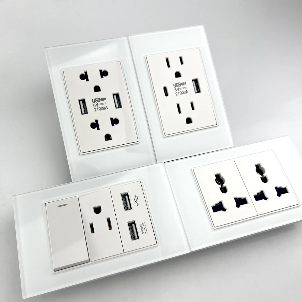 Prise de courant pour interrupteur mural américain, avec chargeur rapide USB type-c, prise en verre trempé blanc américain et mexique, panneau d'interrupteur d'éclairage