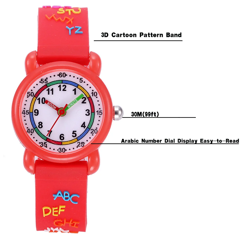 قطعة واحدة من ساعة الرسوم المتحركة بتصميم فريد من نوعه، تحافظ على آمنة ومتينة ويدوم طويلاً، حزام مريح باللون الأحمر