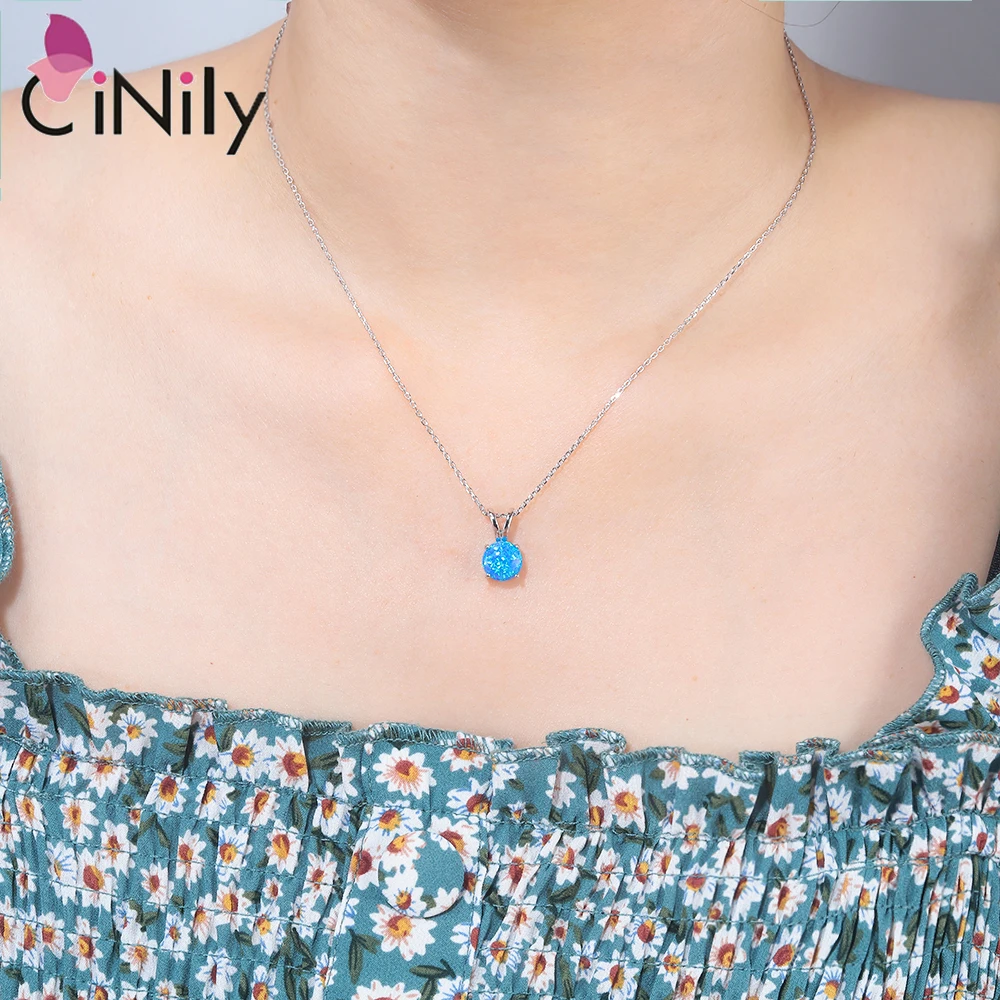 CiNily Created Blue/White Fire Opal Pendant Authentic 925 Sterling Silver Round Shape Pendant Necklace for Women Fashion Jewelry