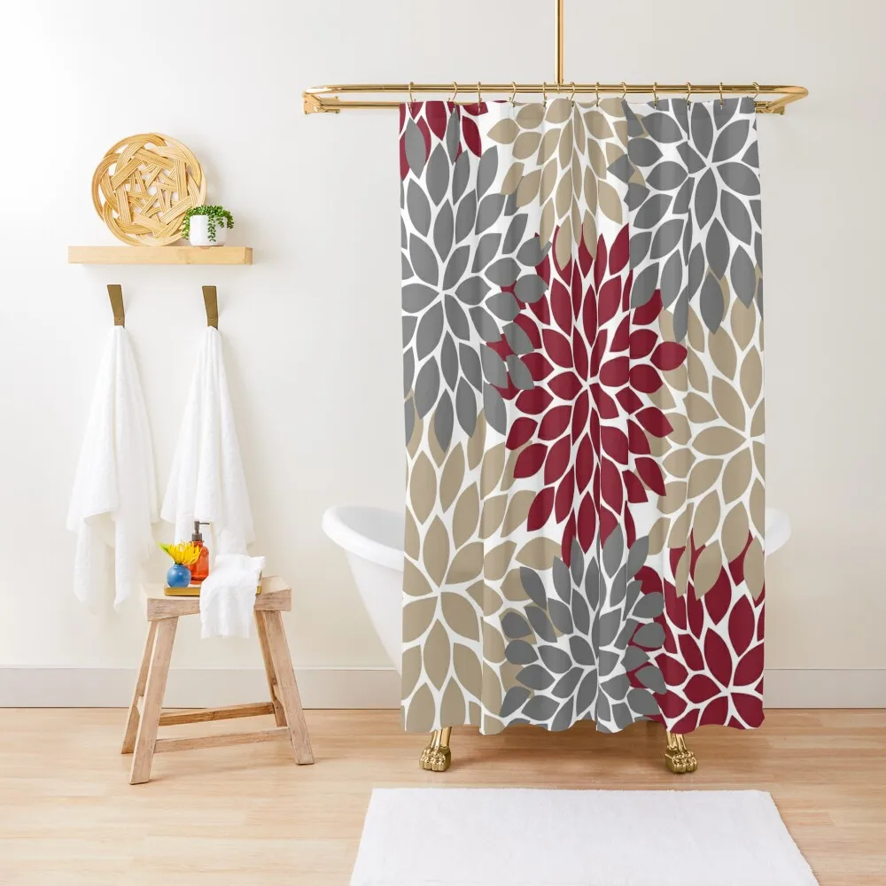 

Burgundy Gray Tan Flowers, Flower Burst, Floral Pattern, Flower Petals Shower Curtain Elegant Bathroom Curtain