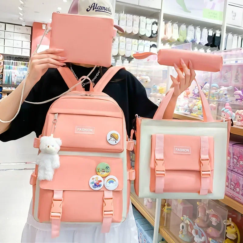 4-ピース-セットバックパック女子学校-mochila-大容量十代の子供キャンバスブックバッグ多用途新しい女性旅行バックパックトート