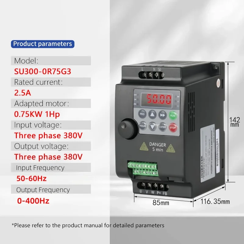 SUSWE laagspanningsfrequentieomvormer (VFD) 0,75/1,5/2,2/4/5,5 kW, 1-fase 220V naar 3-fase 220V of 3-fase 380V naar 3-fase 380V, voor motorregeling van de snelheid.