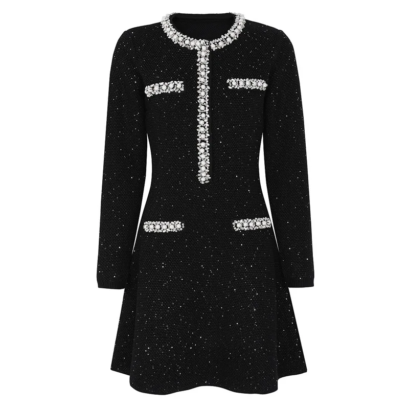 Nouveauté femmes tricot coton robe col rond perles robe trapèze