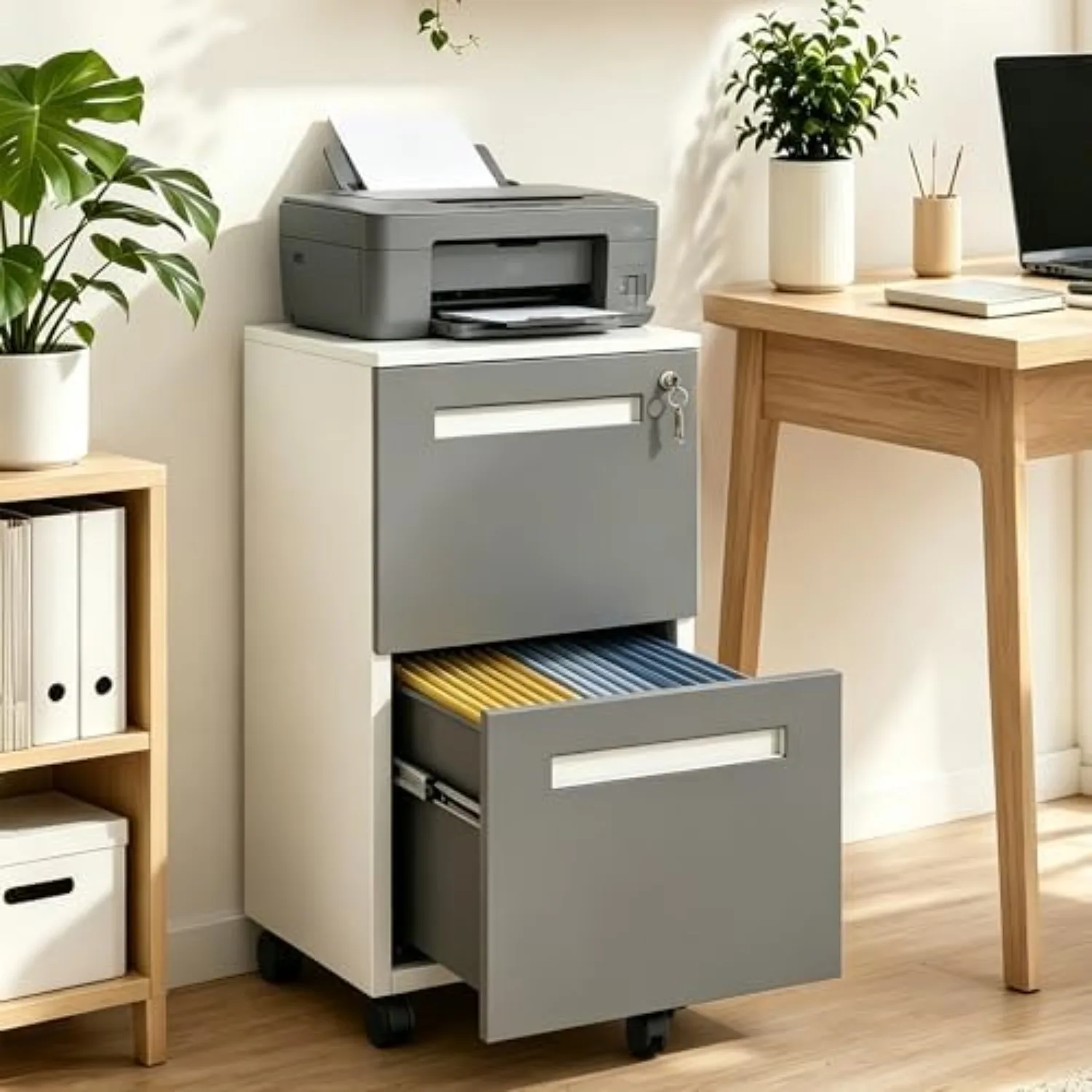 2 Drawer Metal File Cabinet with Lock, Mobile Filing Cabinet, Grey | 18