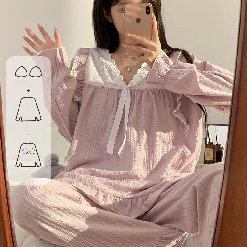 Women Spring Pajamas with Breast Cushion Solid Color Sexy Sweet Pyjamas Lace Long Sleeve Nightgown Set Lacework Bow Sleepwear