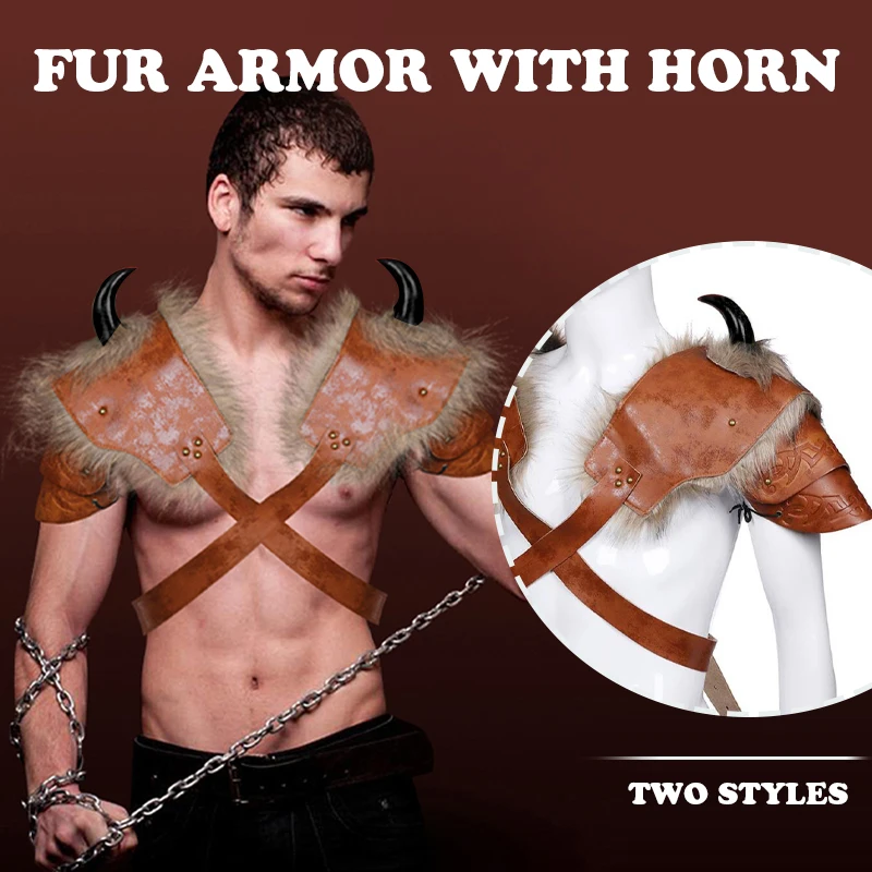 Guerreiro armadura traje cosplay adulto couro do plutônio pele marrom viking ombro armadura com chifre halloween carnaval festa traje prop