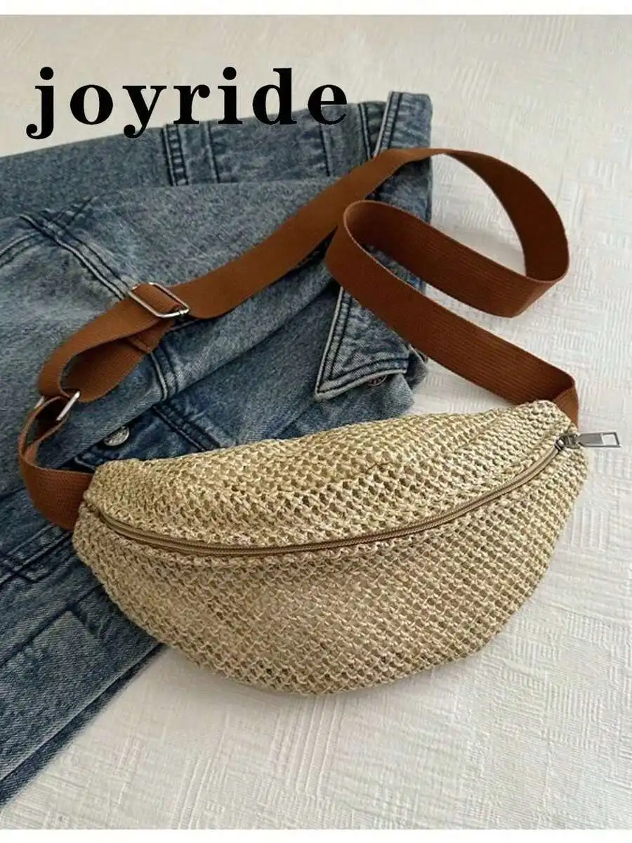 

Woven Women Handbag Hollow-Out Cross-Body Bag Ladies Woven Waist Pack Chest Pack for Beach Sport Vacation Fits Smartphone