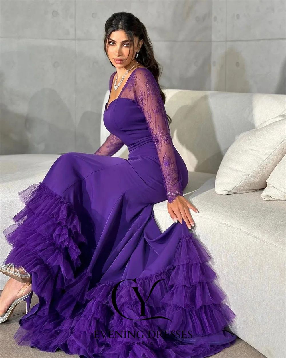 فساتين سهرة للنساء من CUYUN باللون الأرجواني الداكن حورية البحر من الدانتيل وأكمام طويلة متدرجة مطوي للحفلات فستان رسمي مخصص #4