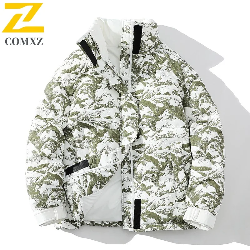 COMXZ 2025 Winter American Streetwear Men's Trendy Hooded Down Coat Thickened Warm Parka Jacket