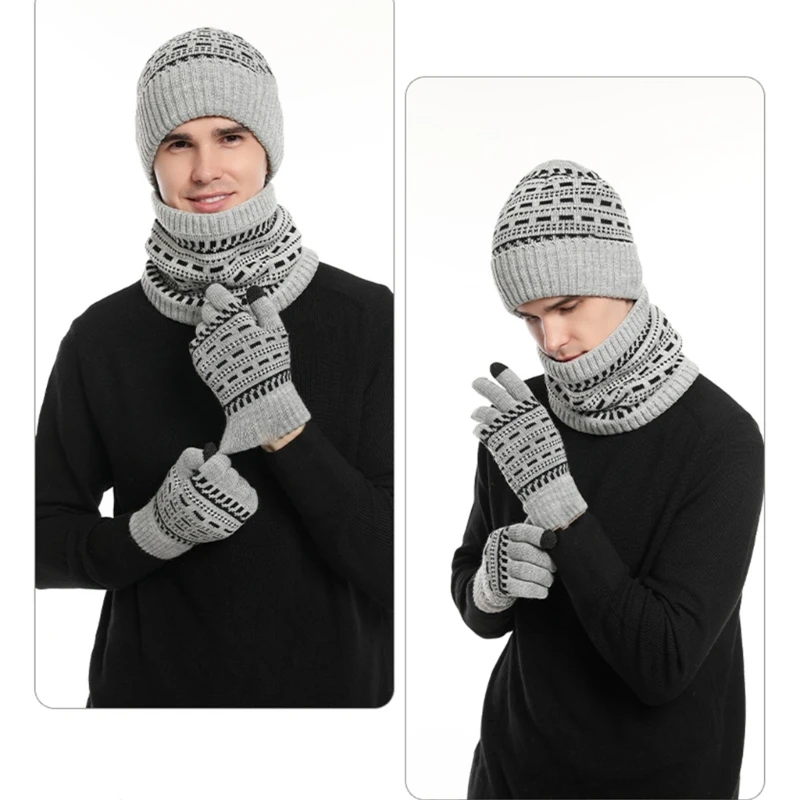 New 3pcs Jacquard Pattern Hat Gloves Neck Gaiter Set Thick Knit Warm Suit for Adult