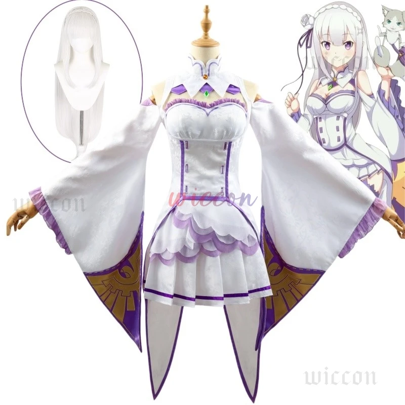 Re Zero Kara Hajimeru Isekai Seikatsu Emilia Cosplay Costumes Women Anime Wig Dress Headdress Full Set Halloween Party Clothing