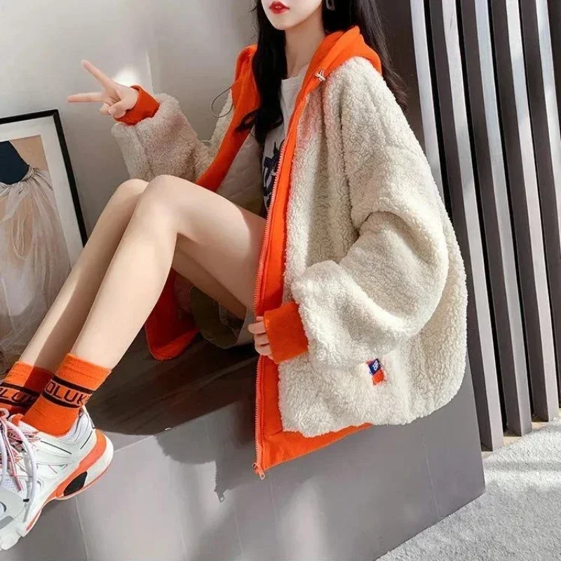 Imitation Lamb Wool Zipper Coat Women Hoodies Fashion Autumn Winter Loose Sweatshirts Streetwear Female Warm Jacket Y2K Clothes