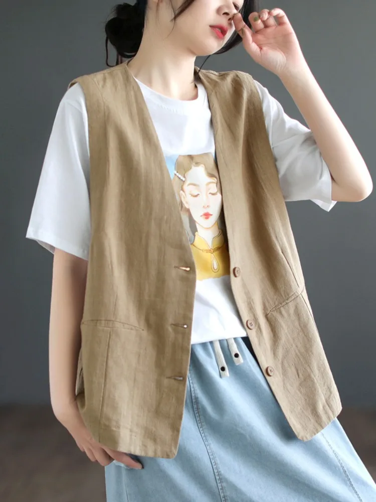 캐주얼 루즈 코튼 린넨 베스트 여성 여름 예술적 브이넥 슬림 탑 다용도 컬러 단일 버튼