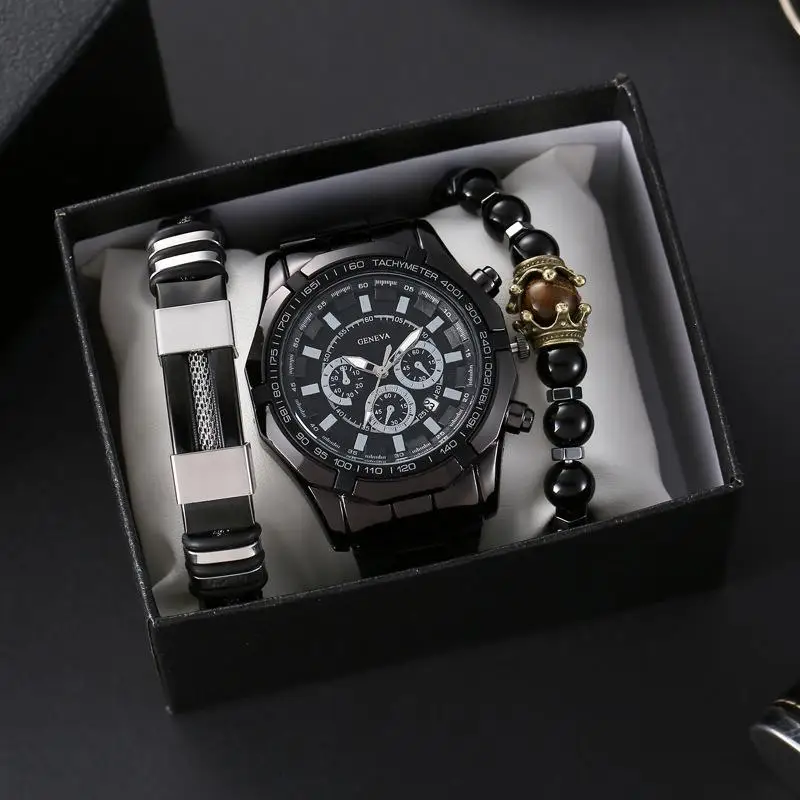 New men\'s waterproof watch steel band three eyes luminous bracelet set calendar sports quartz watch men\'s wristwatch