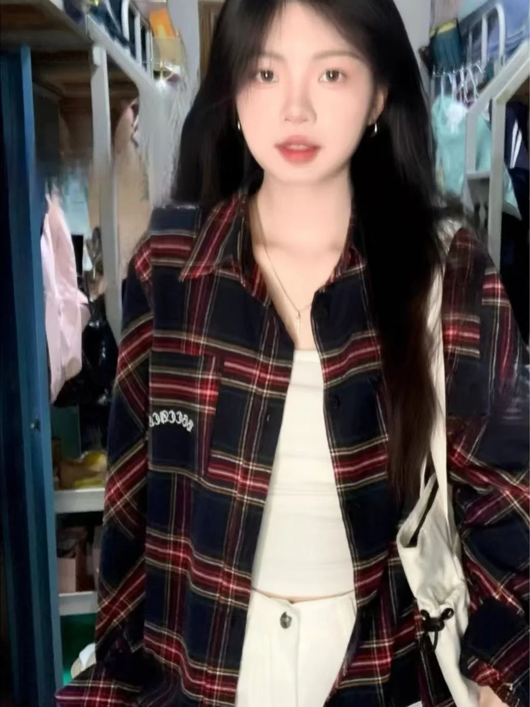 

American High Street Color Block Plaid Flocking Long Sleeve Women's Shirt 2026 New Spring Summer Layering Versatile Shirt