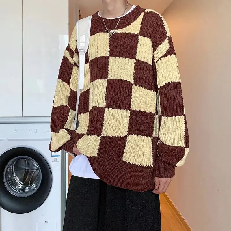 เสื้อสเวตเตอร์ผู้ชายไซส์ใหญ่สำหรับฤดูใบไม้ร่วงและฤดูหนาว ให้ความอบอุ่น แขนยาว คอกลม ถักนิตติ้ง ดีไซน์แบบญี่ปุ่น สไตล์เบสบอล