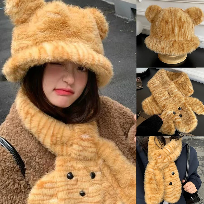 Bear Ears Plush Bucket Hats Winter Hat Scarf Two-piece Set Women Leopard Print Neck Protection Cold Proof Warm Cartoon Scarf