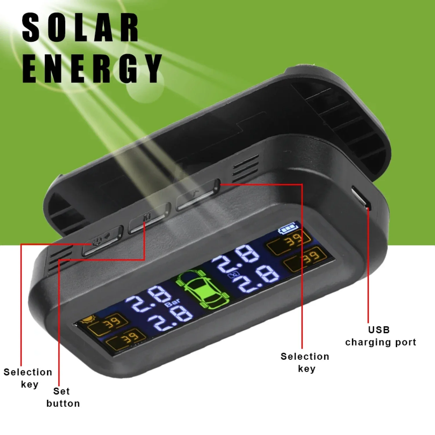 Solar TPMS Car Tyre Pressure Monitor w/ 4 External Sensors - Temperature Warning, Fuel Save