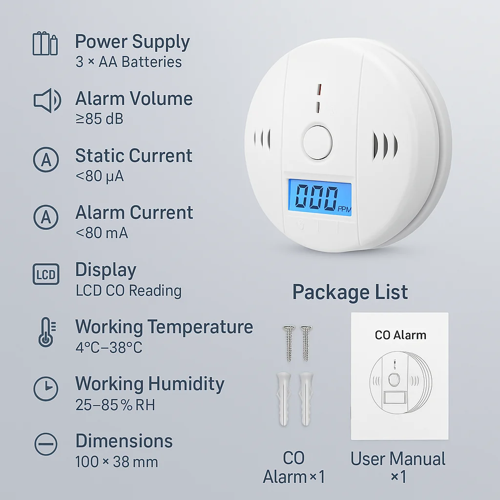 

Сигнализация CO с многоступенчатой логикой предупреждения, ЖК-дисплеем уровня CO, электрохимическим датчиком, детектором для домашнего использования