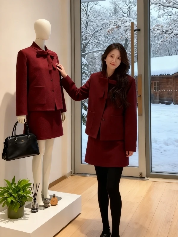 

Red Knot Woolen Skirt Set Spring down Jacket Outerwear High Waist Slimming Half Skirt Two Piece Set Women's Fashion