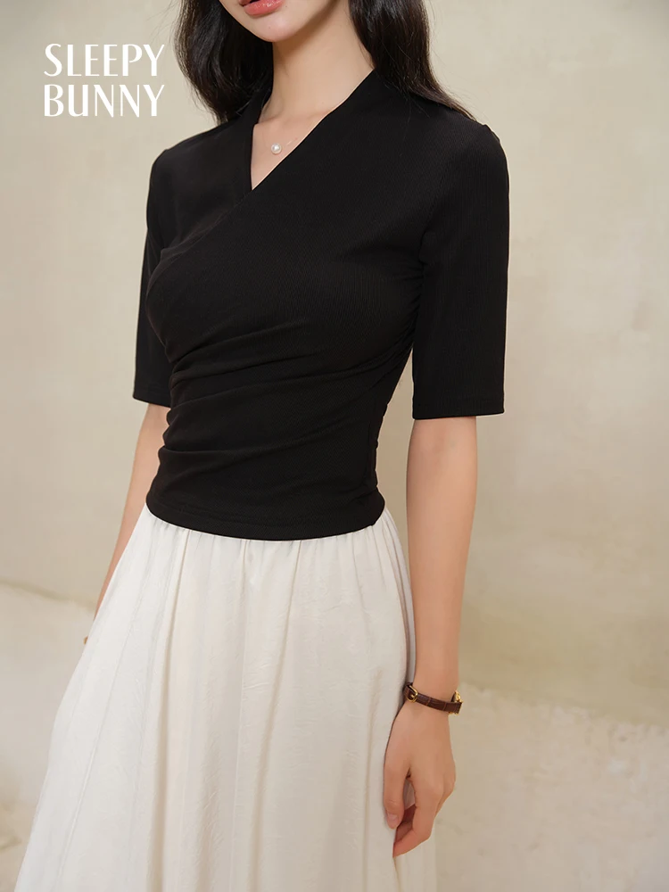Lyocell Cross Neck Slim Fit T-Shirt Women Summer Short Sleeve Elegant Commuter Top Chic Stretchy Wrinkle-Resistant  Basic Tee