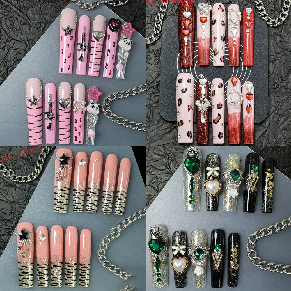 

Gothic Xxl Long Square Y2K Long Coffin Detachable Nails Leopard Print Diamond Handmade Europe America Wearable Nail Tips Art