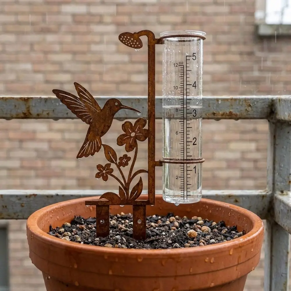 Vintage Flower Bird Metal Rain Gauge Stake Large Capacity Removable Garden Rain Meter Freeze Proof Clear Read Numbers
