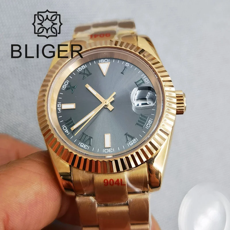 BLIGER 36mm 39mm NH35A Gray Dial Green Roman Index Automatic Mens Watch Sapphire Glass Rose Gold Fluted Bezel Steel Strap Date