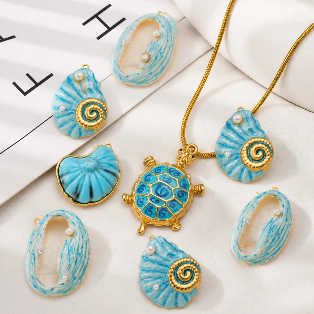 Stainless Steel Enamel Blue Seashell Turtle Charms for DIY Jewelry Findings Women Necklace Pendant Earrings Making Accessories