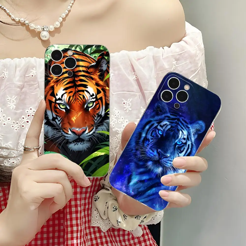 

Tiger Neon Mobile Phone Case for iPhone 16 15 14 13 12 11 X XR XS 8 6 Pro Max Plus Mini Clear Colour Protective Cover Smartphone