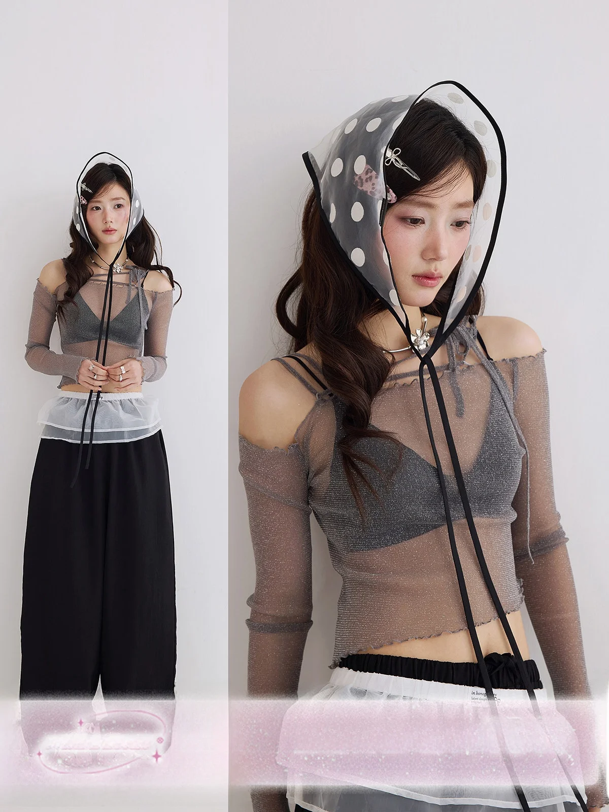 

Sexy See-through Mesh Base Shirt Women's Thin Veil Cover up Strap Inner Wear Base Shirt Short Length Long Sleeve Lace Snowflake