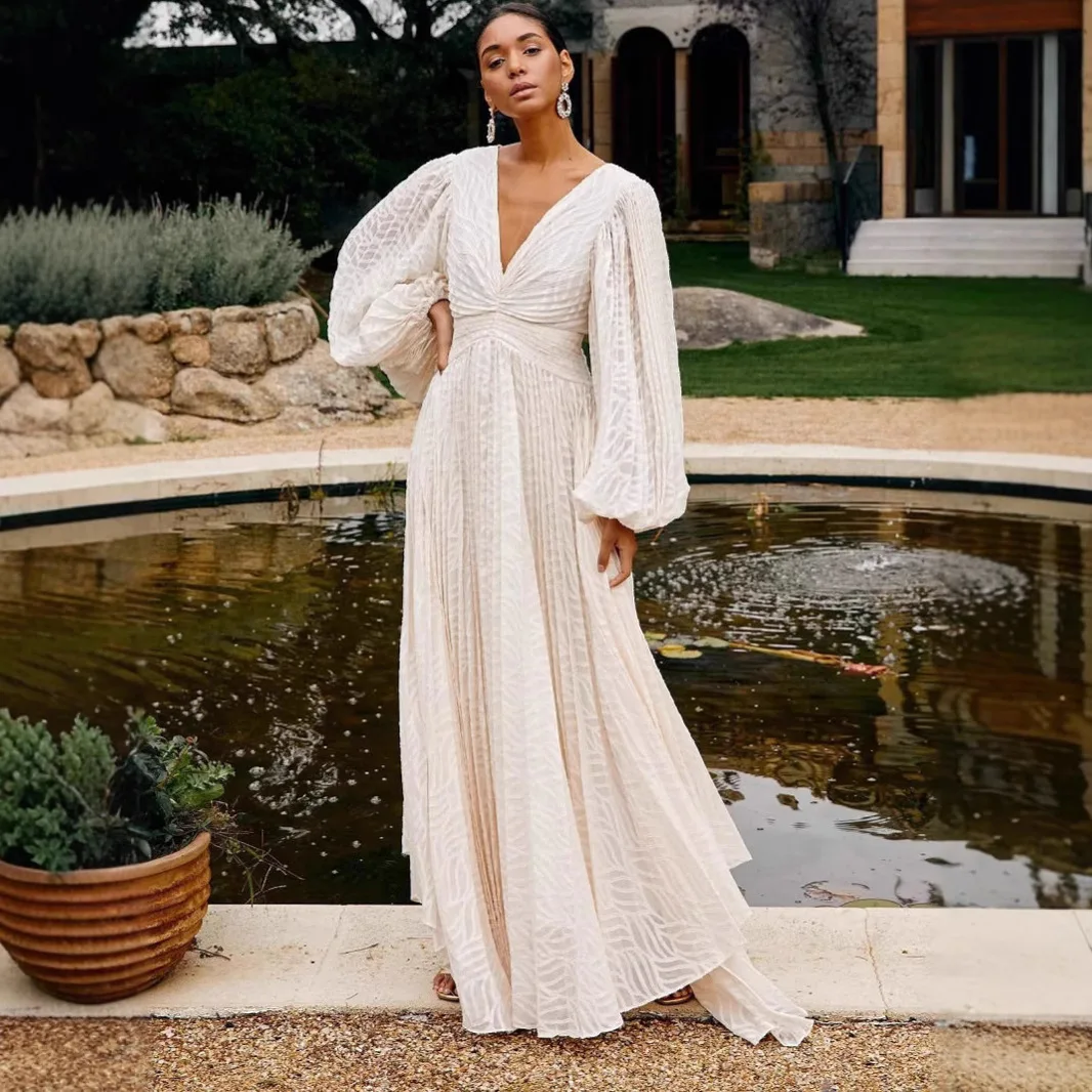 

2025 Dress Long Sleeve Super Pendulum Jacquard Pleated Lantern Sleeve Dress Women's European and American Women's Clothing