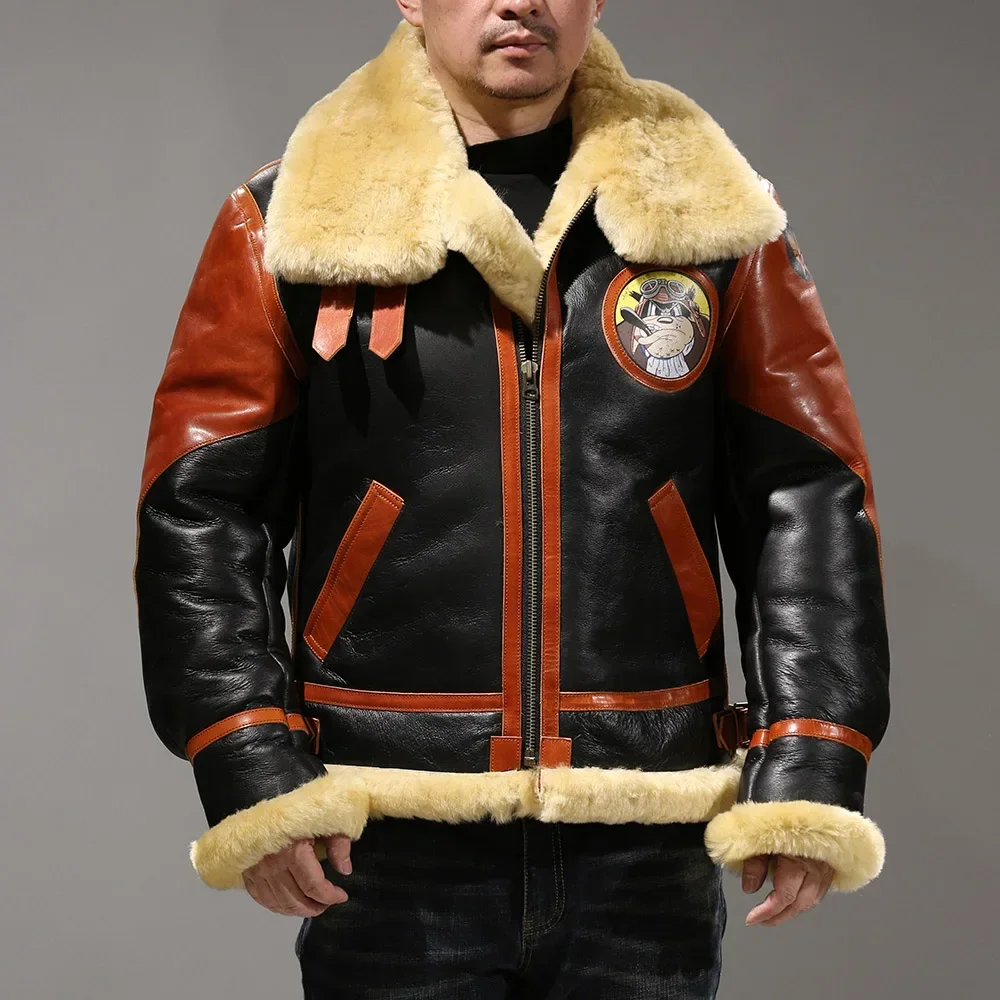 EQ1900 European Size High Quality Super Warm Genuine Sheep Leather Coat Mens Big B3 Shearling Bomber Military Fur Jacket