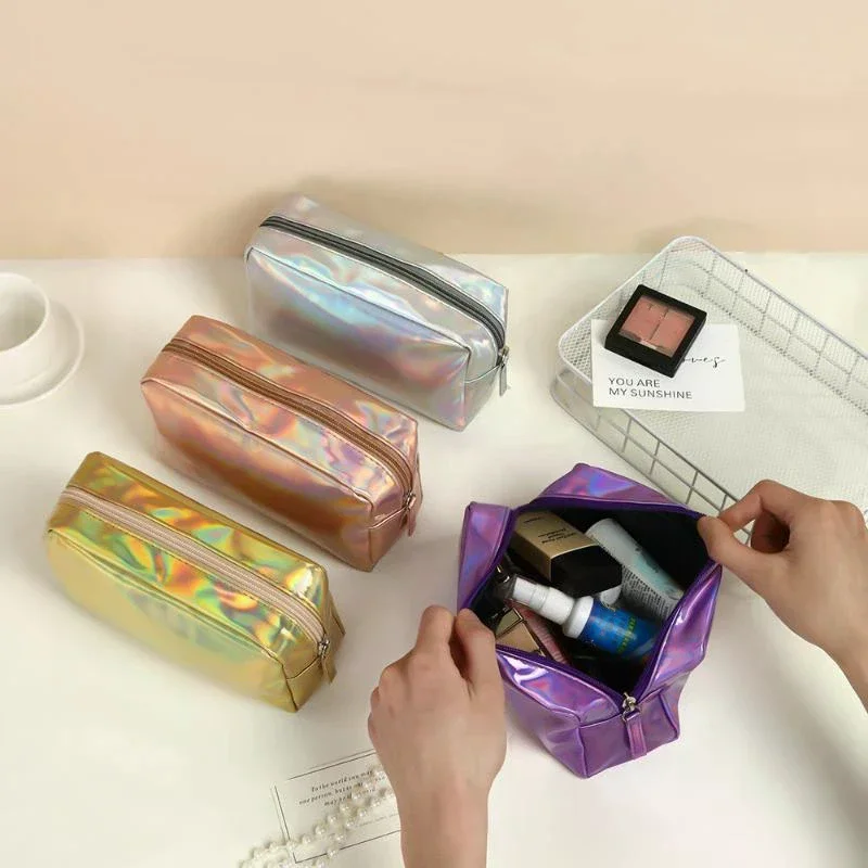 Solid Color Laser Cosmetic Bag Waterproof Portable Wash Storage Bag Makeup Gift Bag Makeup Pouch Travel Cosmetic Organizer