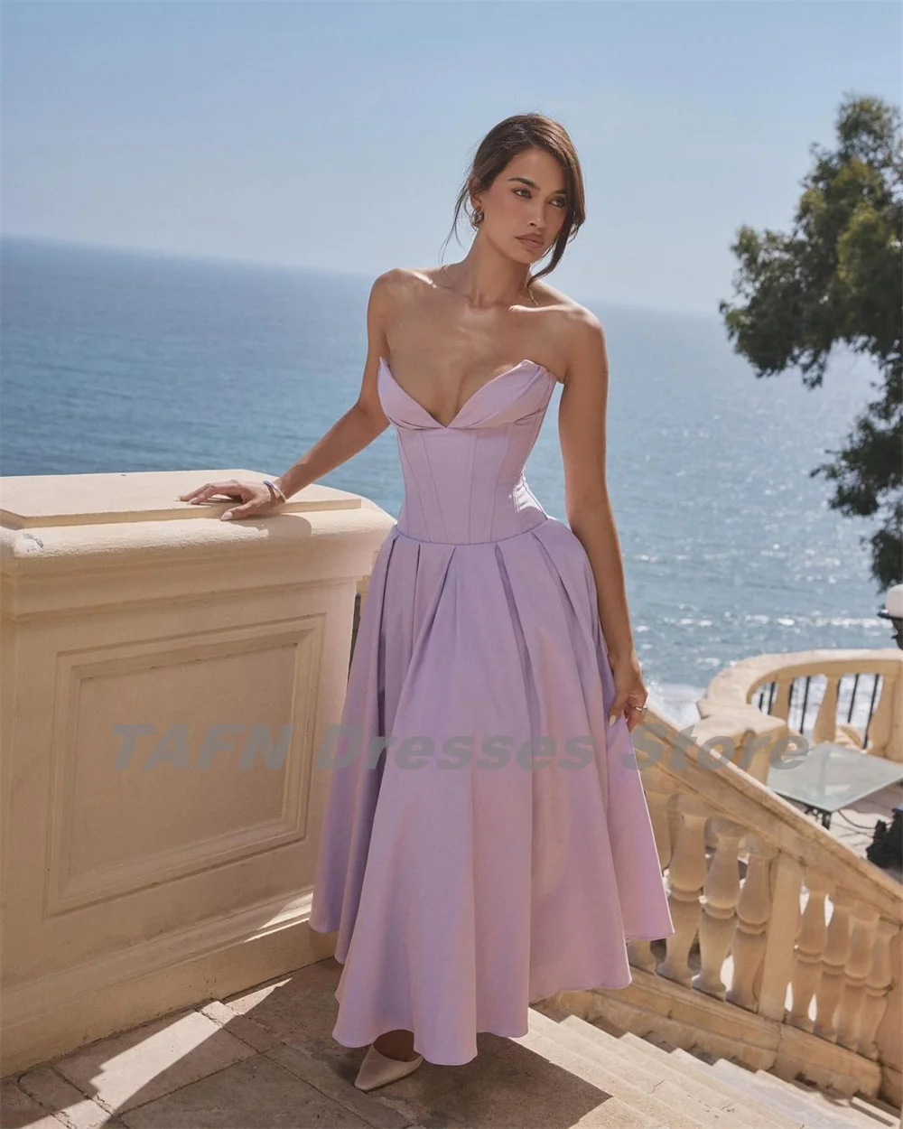 Tafn Licht Violet Avondjurken V-Hals Strapless A-Lijn Gedrapeerde Prom Feestjurk Elegante Enkellange Vestidos De Noche