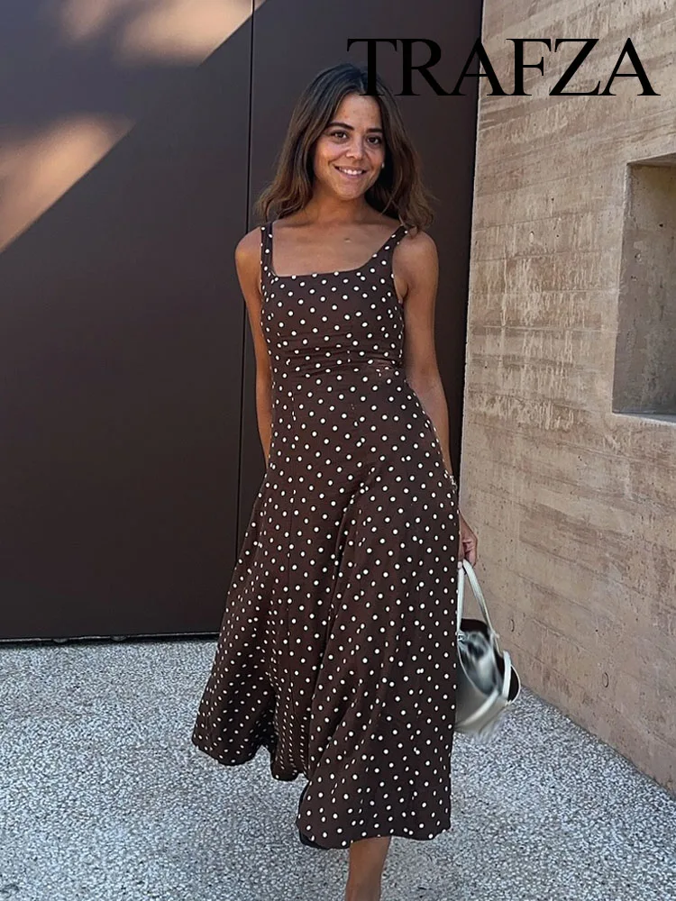 HH Woman Summer Fashion Brown Dots Square Collar Backless Zipper Long Dress Female Chic High Street Casual Sleeveless Dress