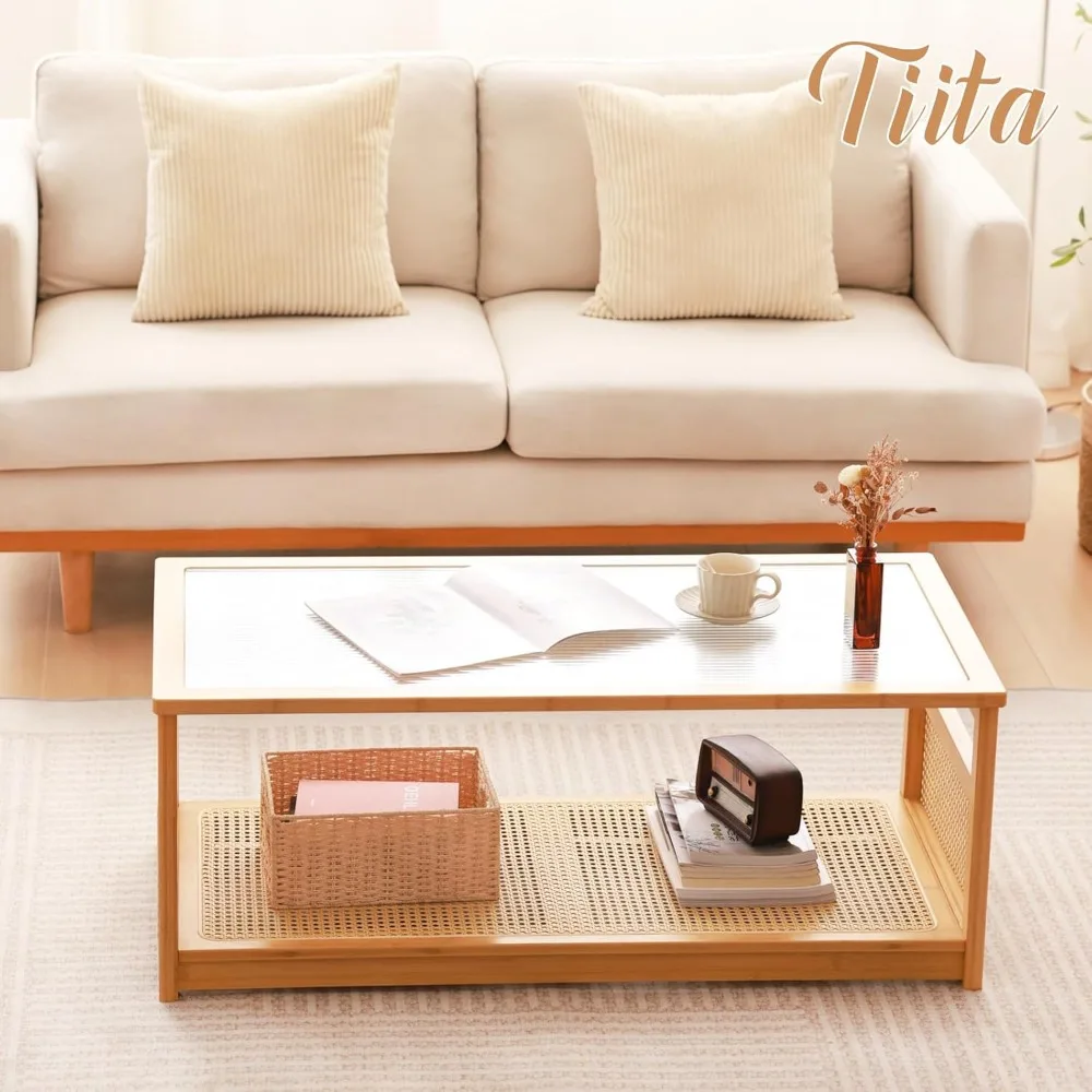 Mid-Century Modern 2-Tier Storage Coffee Table with Rattan and Glass Top for Living Room