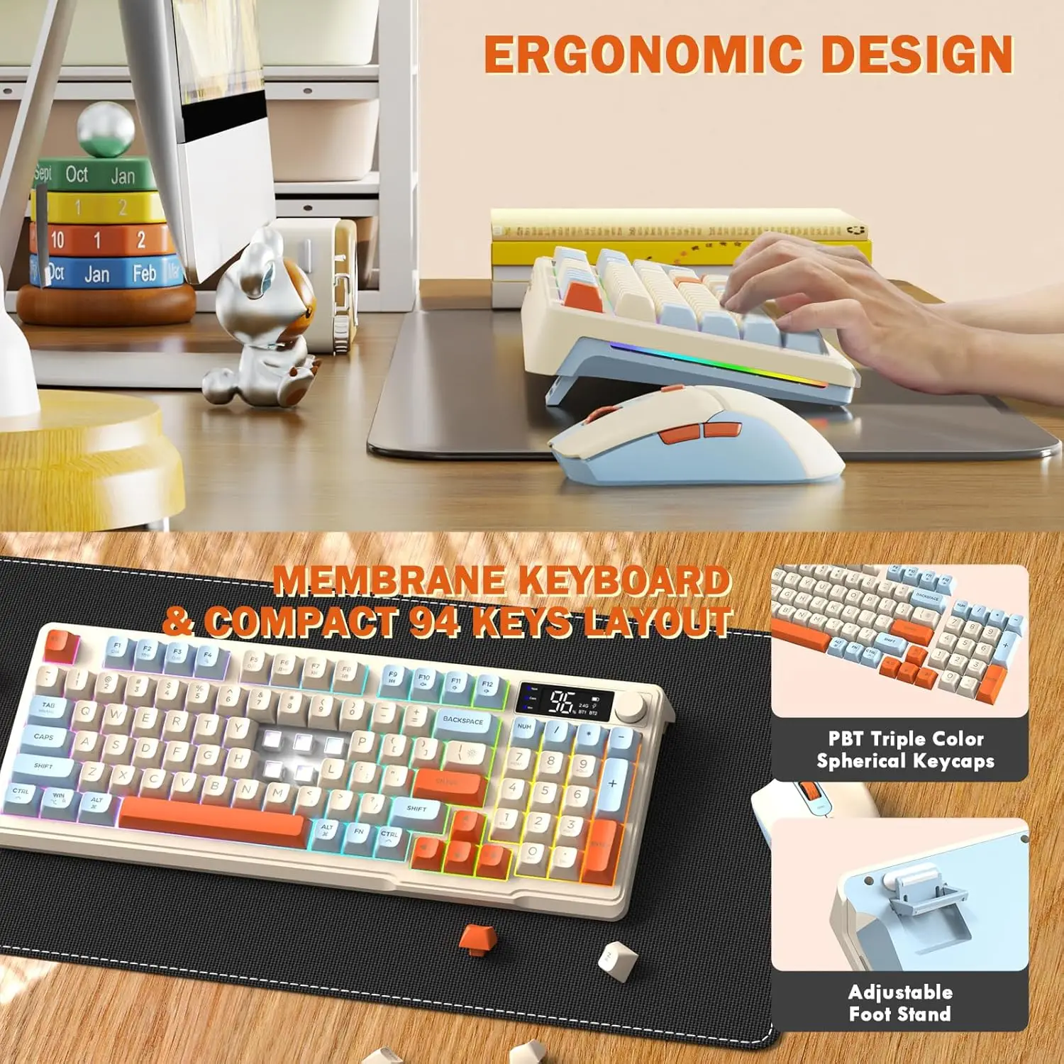 MAMBASNAKE x FREEWOLF T96 Smart Display Wireless Membrane Keyboard and Mouse Comb, 94Key LED Lighting Rechargeable Silent