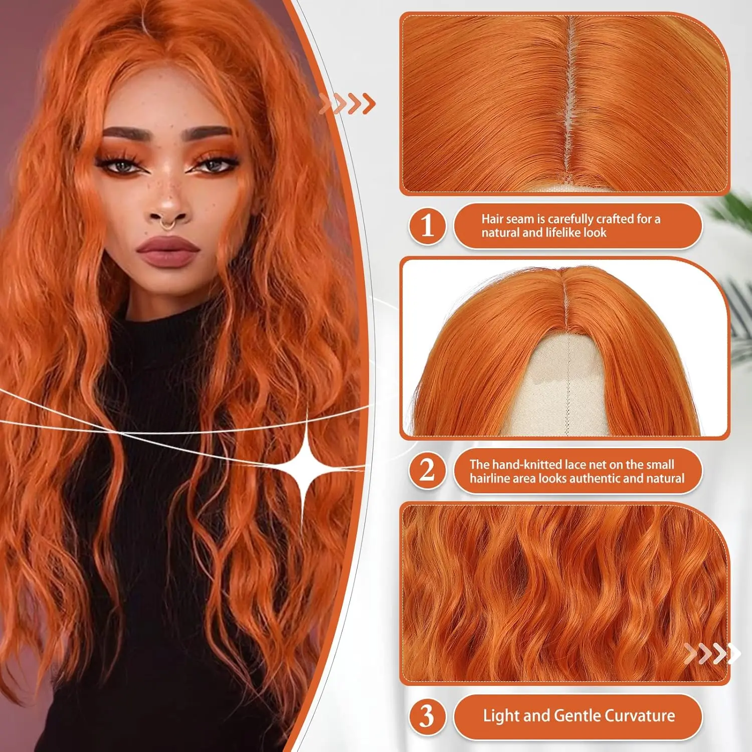 Beibei bernsteinfarbene orangefarbene große gewellte 28-Zoll-lange, lockige, gewellte synthetische Perücken für Frauen, die hohe Temperaturen auf Weihnachtsfeiern suchen