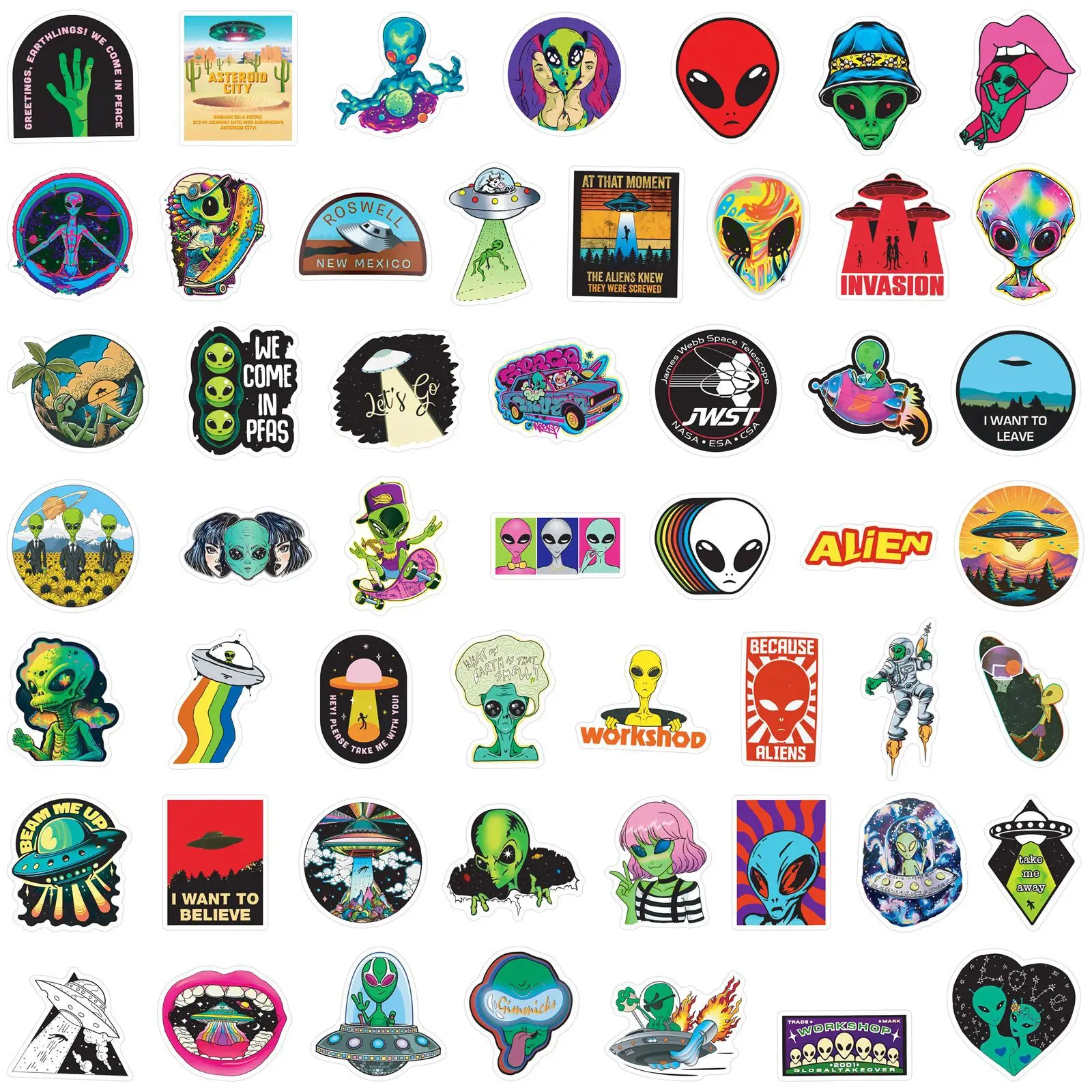 50Pcs Outerspace ET Alien UFO Graffiti Stickers for DIY Scrapbooking Phone Laptop Guitar Suitcase Car Skateboard Helmet