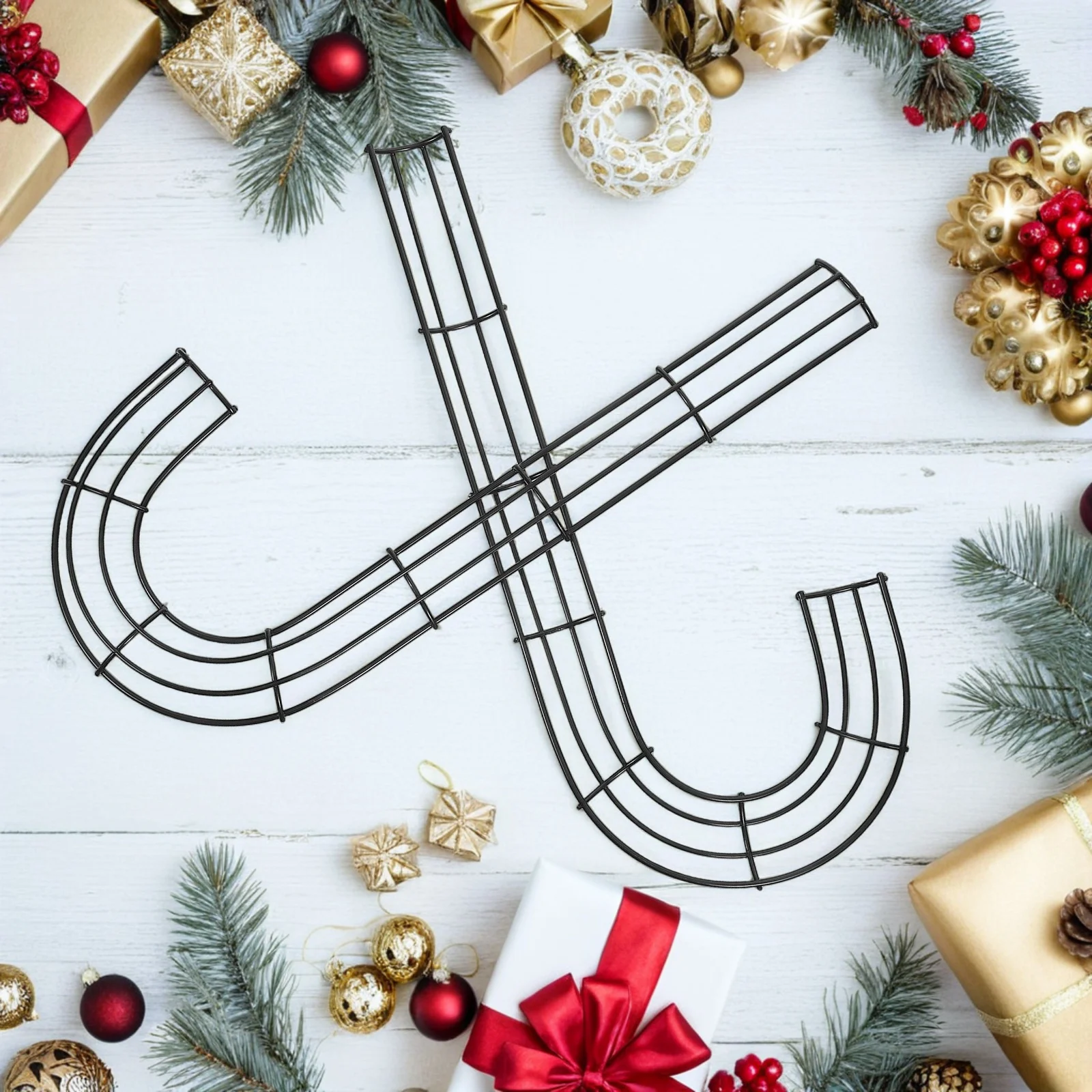 

2Pcs Christmas J-Shaped Iron Wreath Frame Candy Cane Wire Form for DIY Floral Wreath Making Holiday Decor Iron Garland Frame