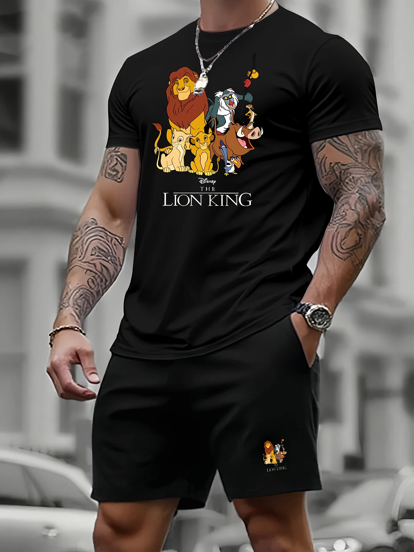 

Men's New Fashion Sports Suits Classic Cartoon Lion King Print Pattern Tracksuit Short Sleeved T-shirts With Black Casual Shorts