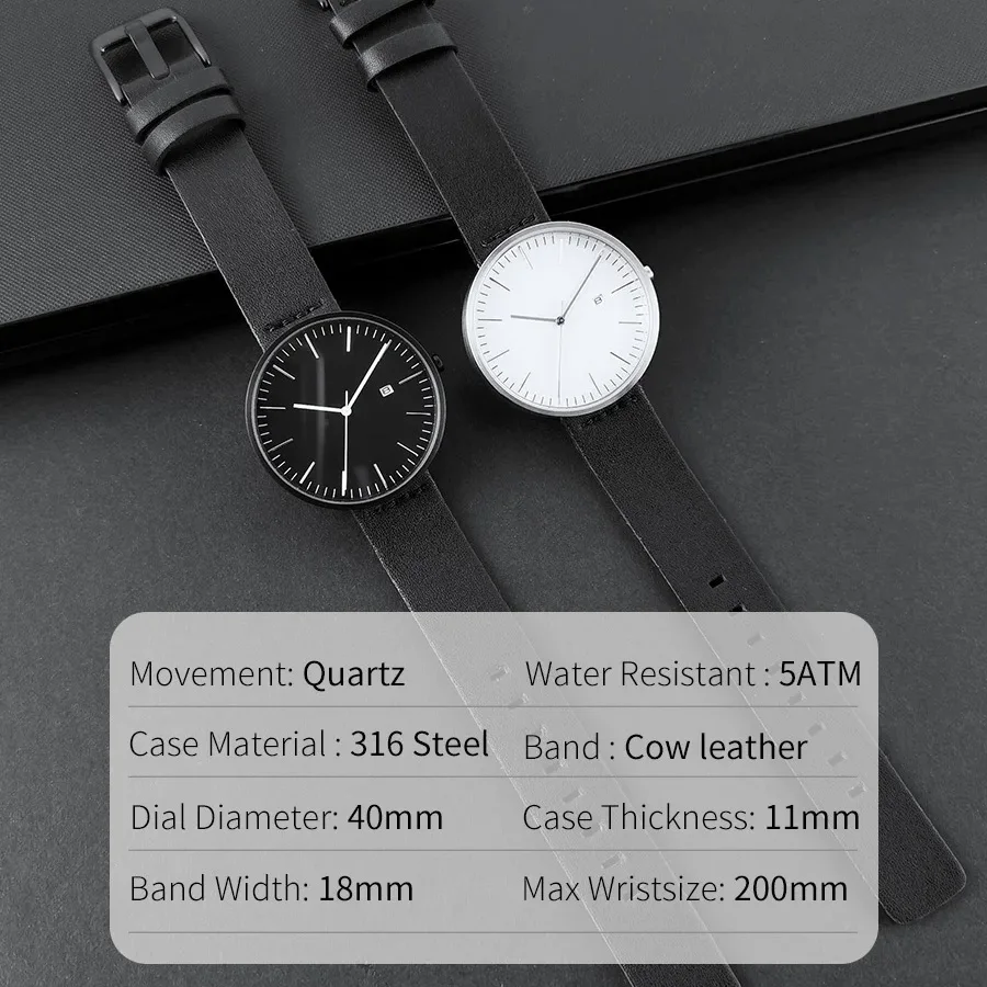 BREAK Minimalist Top Luxury Brand Black Leather Strap Fashion Causal Business Wristwatch Quartz Gift Dress Watches for Men Women