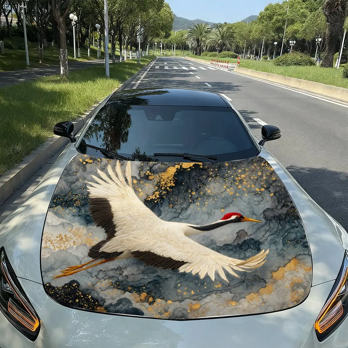 Mysterious Crane Car Hood Sticker, Colored Vinyl Sticker, Truck Pattern, Engine Hood Decoration Accessories, Waterproof, Scratch