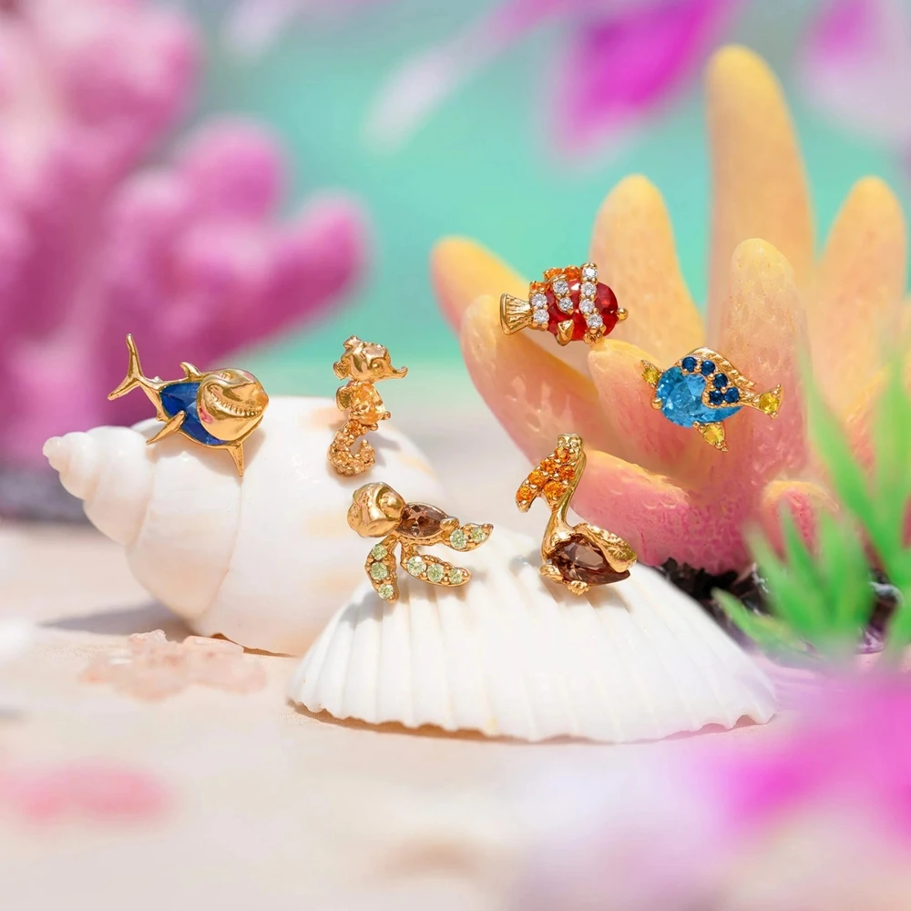 MIGGA 4 قطع مكعب زركونيا الكرتون طاقم البحر وأقراط مجموعة مطلية بالذهب كريستال النساء الفتيات هدية مجوهرات